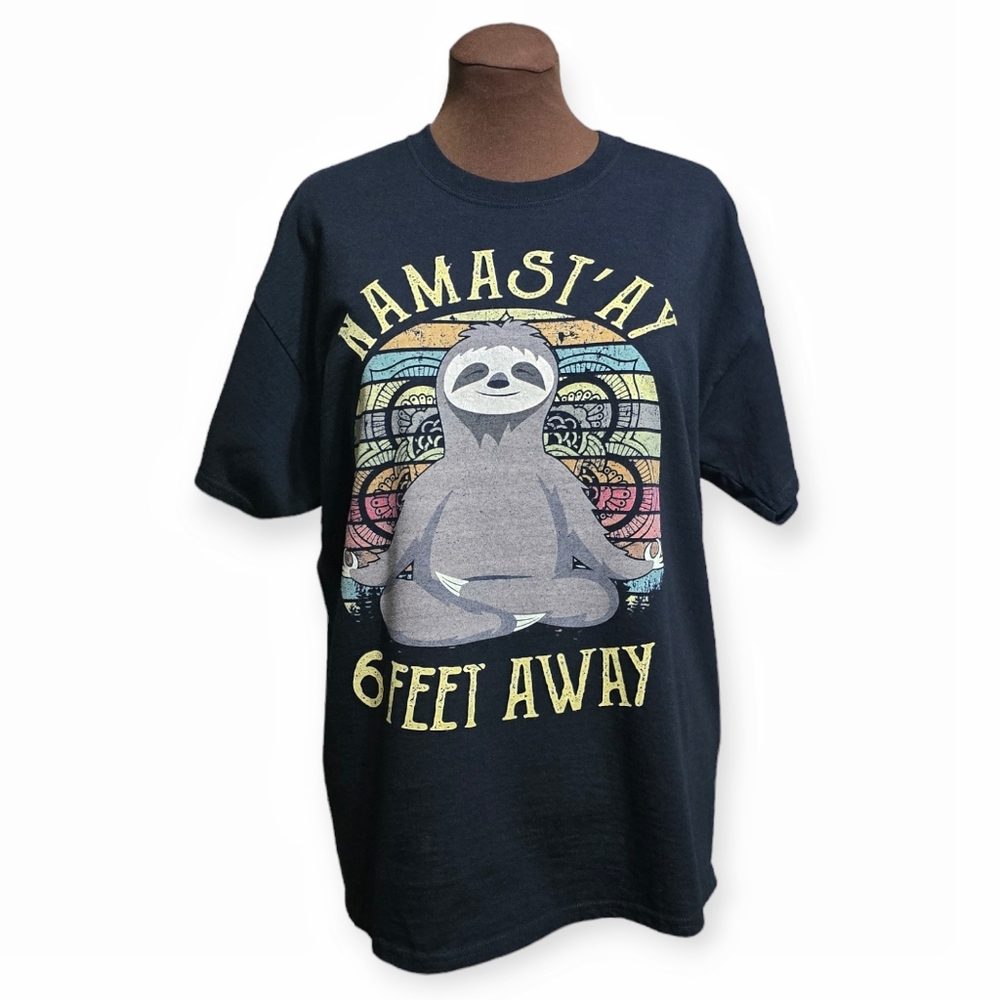 Namastay 6 Feet Away Funny Yoga Sloth T-Shirt XL - Social Distancing Tee Black